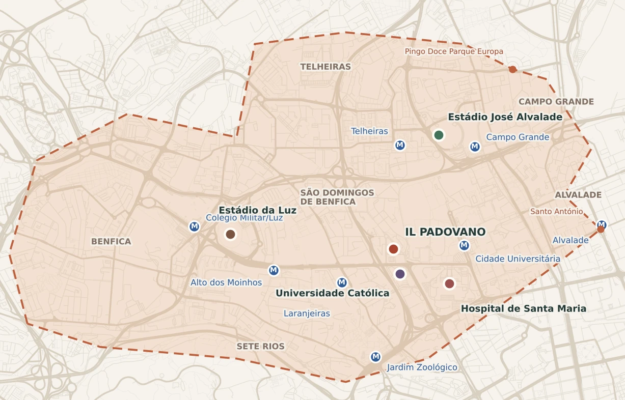 Mapa da área de entrega do Il Padovano em Lisboa